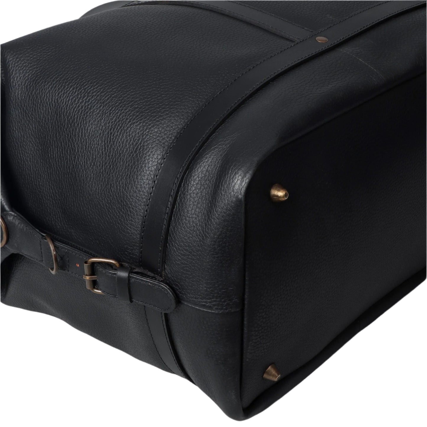 Black leather weekender travel bag with brass finished hardware for durability