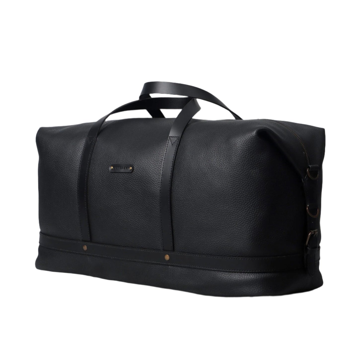 Side-angled view of spacious black leather weekender duffel bag