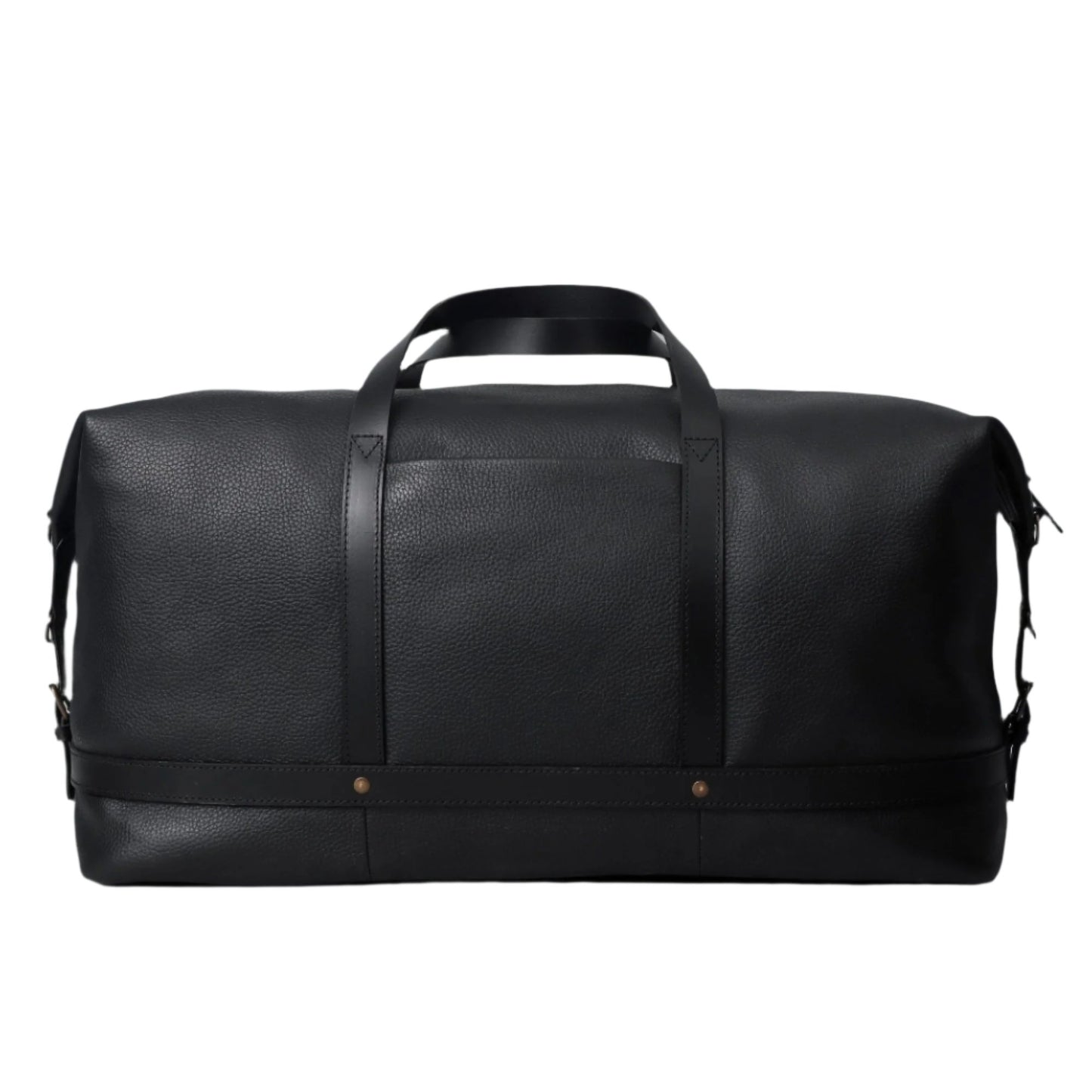 Spacious black leather duffel bag with exterior pocket