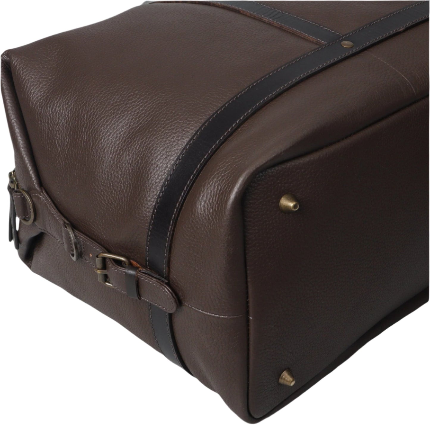 Brown leather weekender travel bag with brass finished hardware for durability