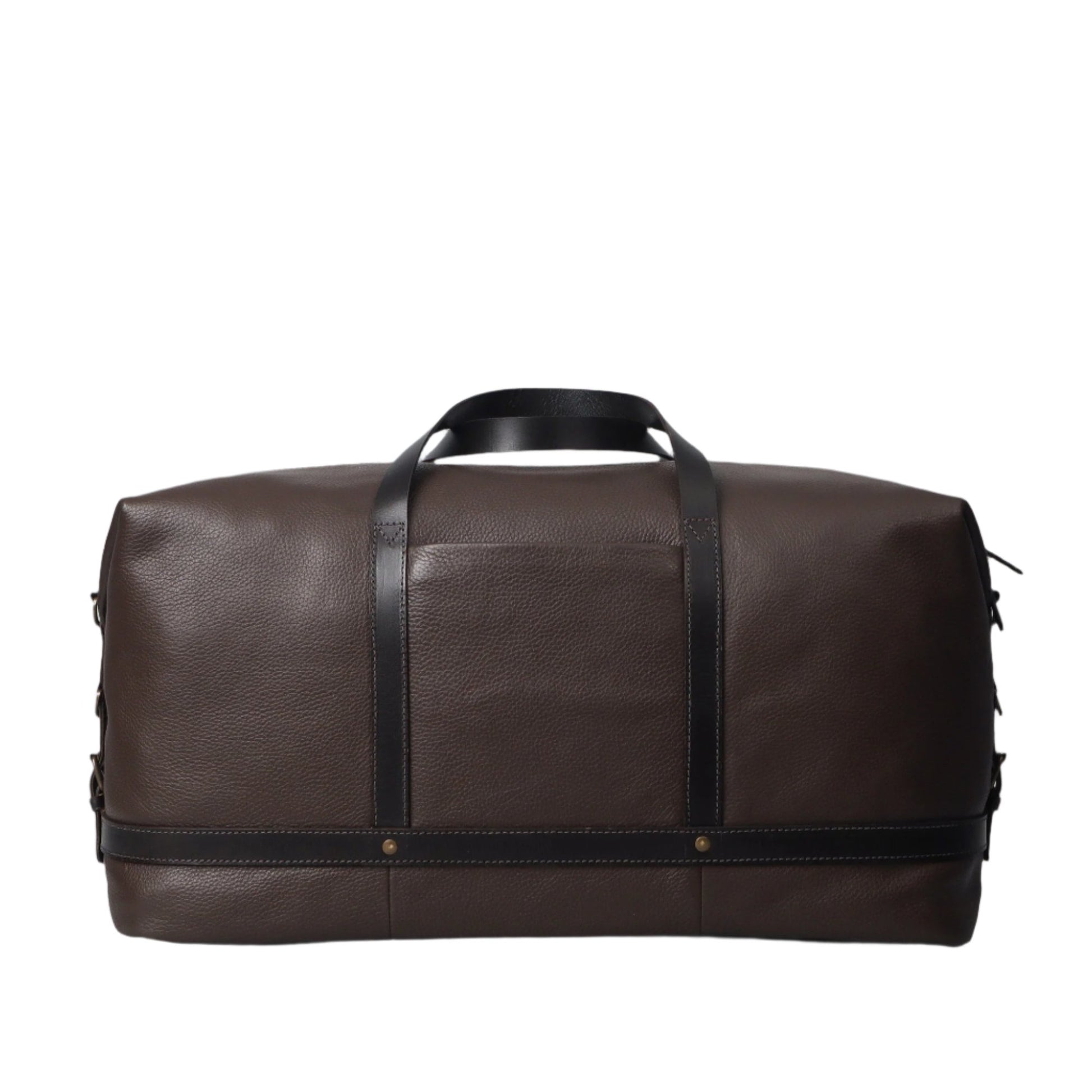 Spacious brown leather duffel bag with exterior pocket