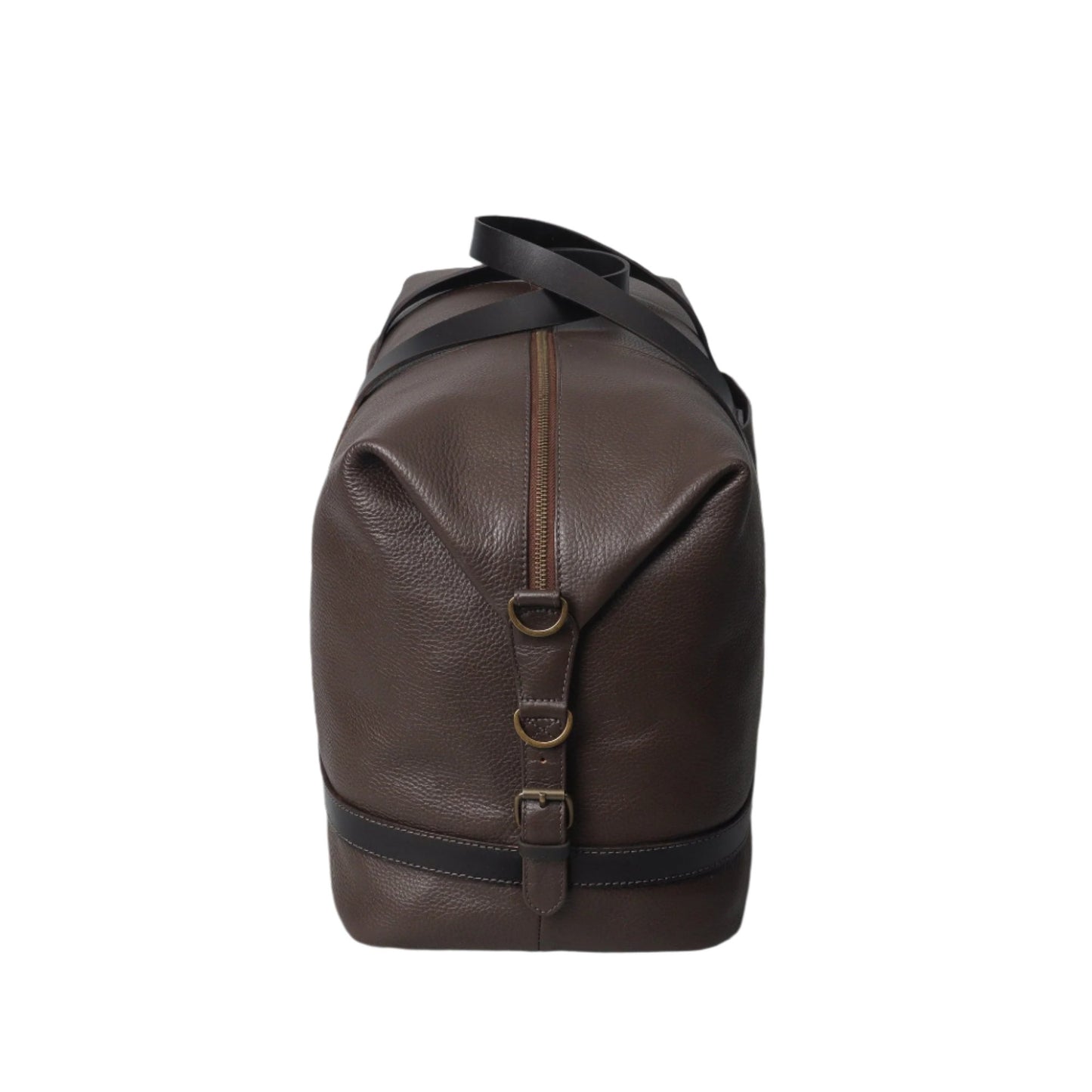 Side view of brown leather travel duffel bag with leather straps and YKK brass zipper 