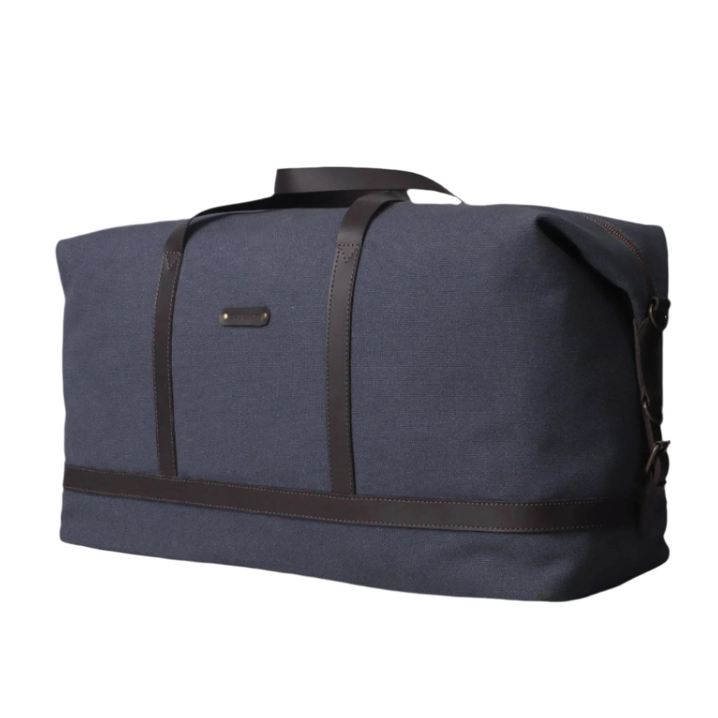 Side-angled view of spacious canvas weekender duffel bag