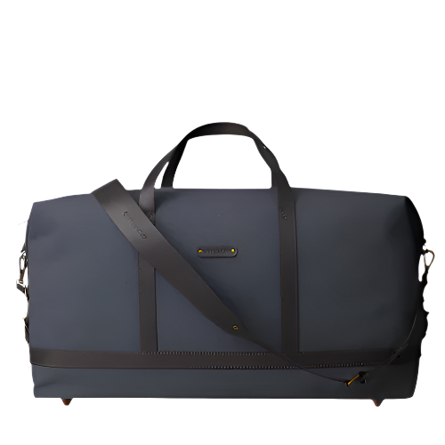 Front view of stylish weekender travel bag with leather carry strap