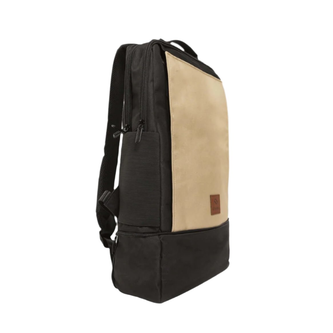 Side-angled view of expanded City-C beige daypack