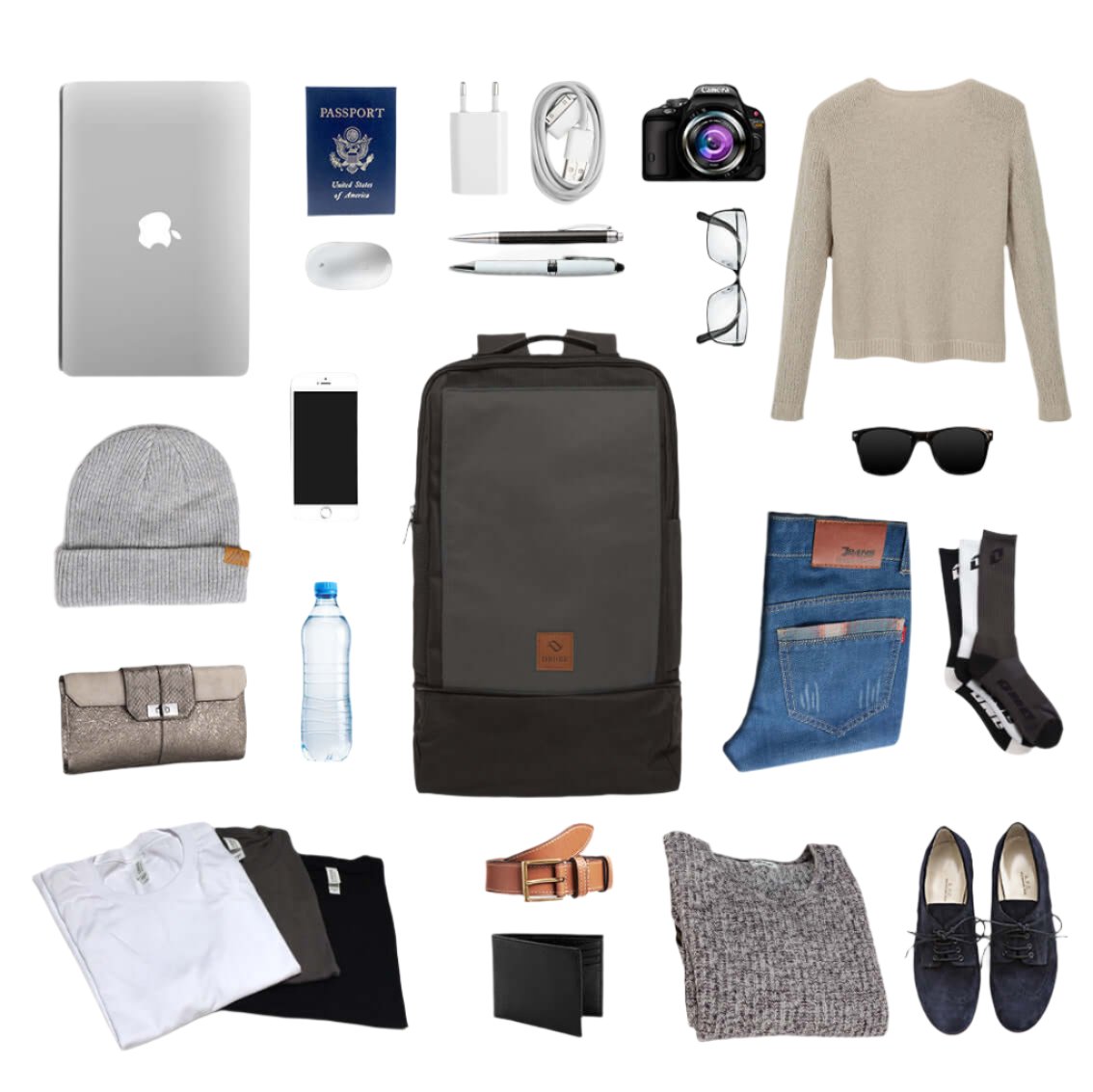 Laid out view of daily essentials that fit in City-C daypack together.