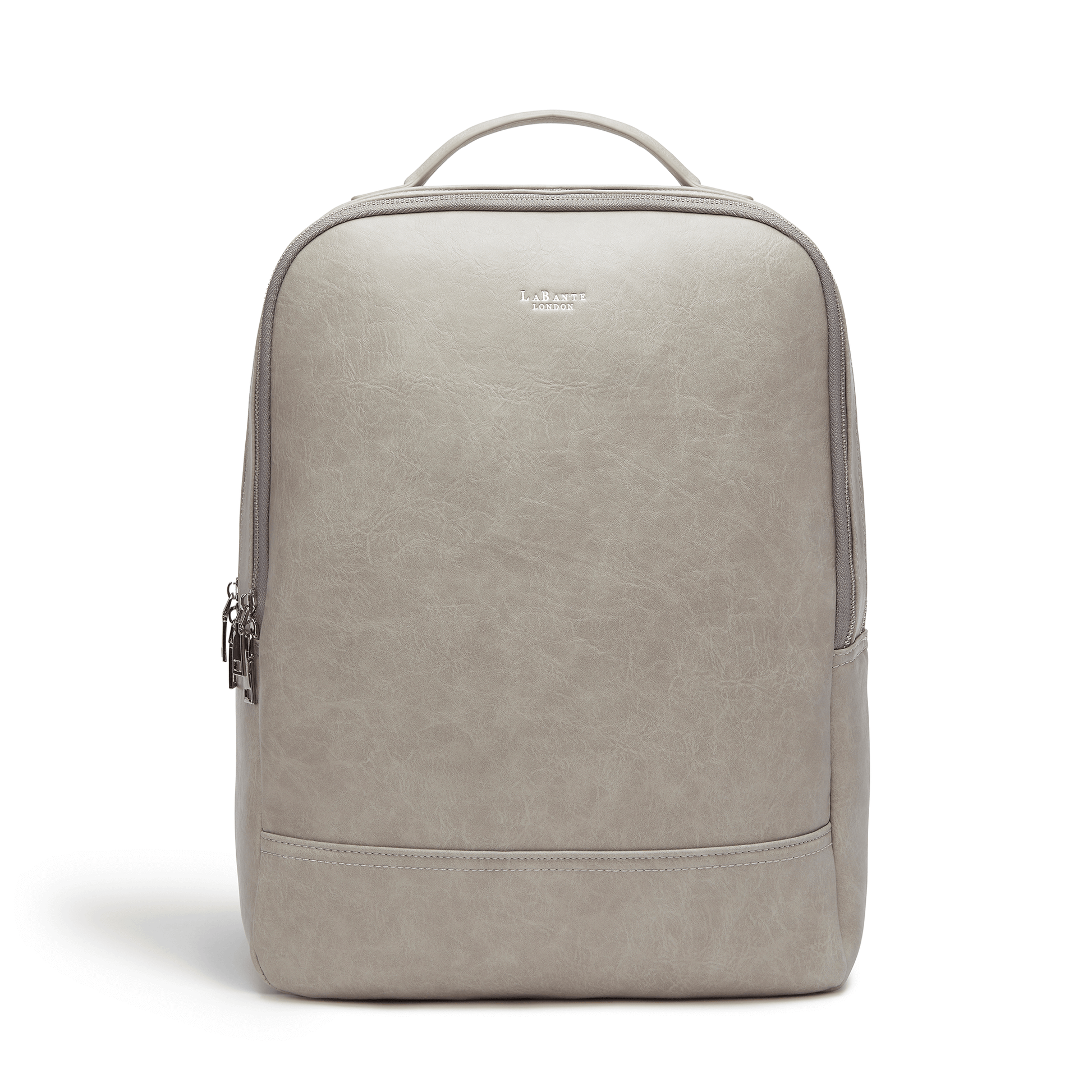 Front view of LaBonte London's grey vegan leather backpack