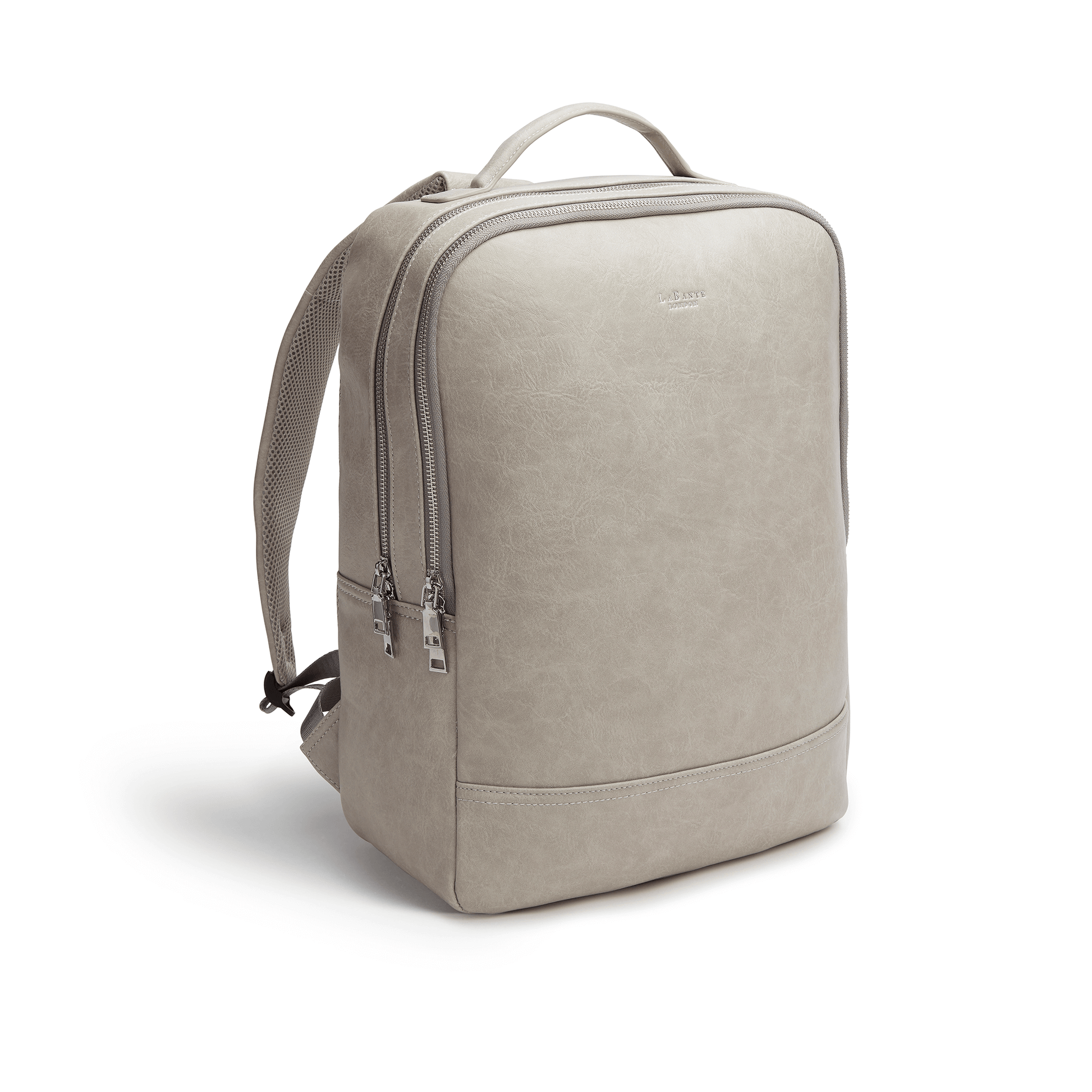 Side-angled view of LaBonte London's grey vegan leather backpack